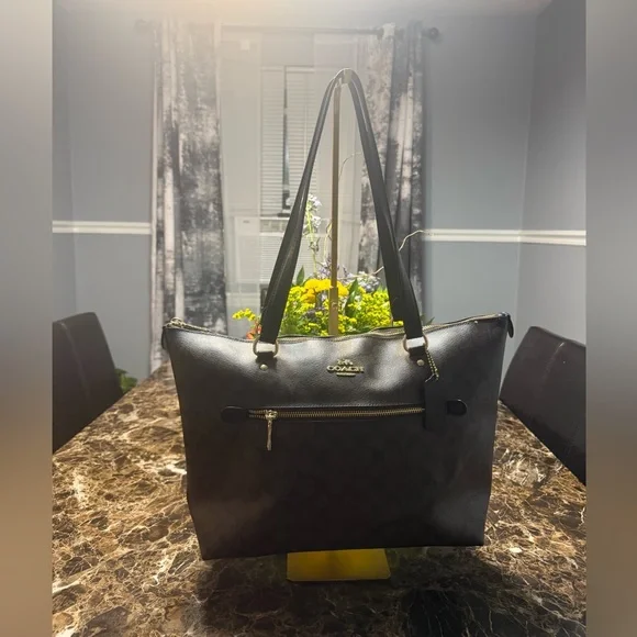 Coach Signature Large City Zip Tote Bag Brown Black Gold Hardware - Picture 3 of 15